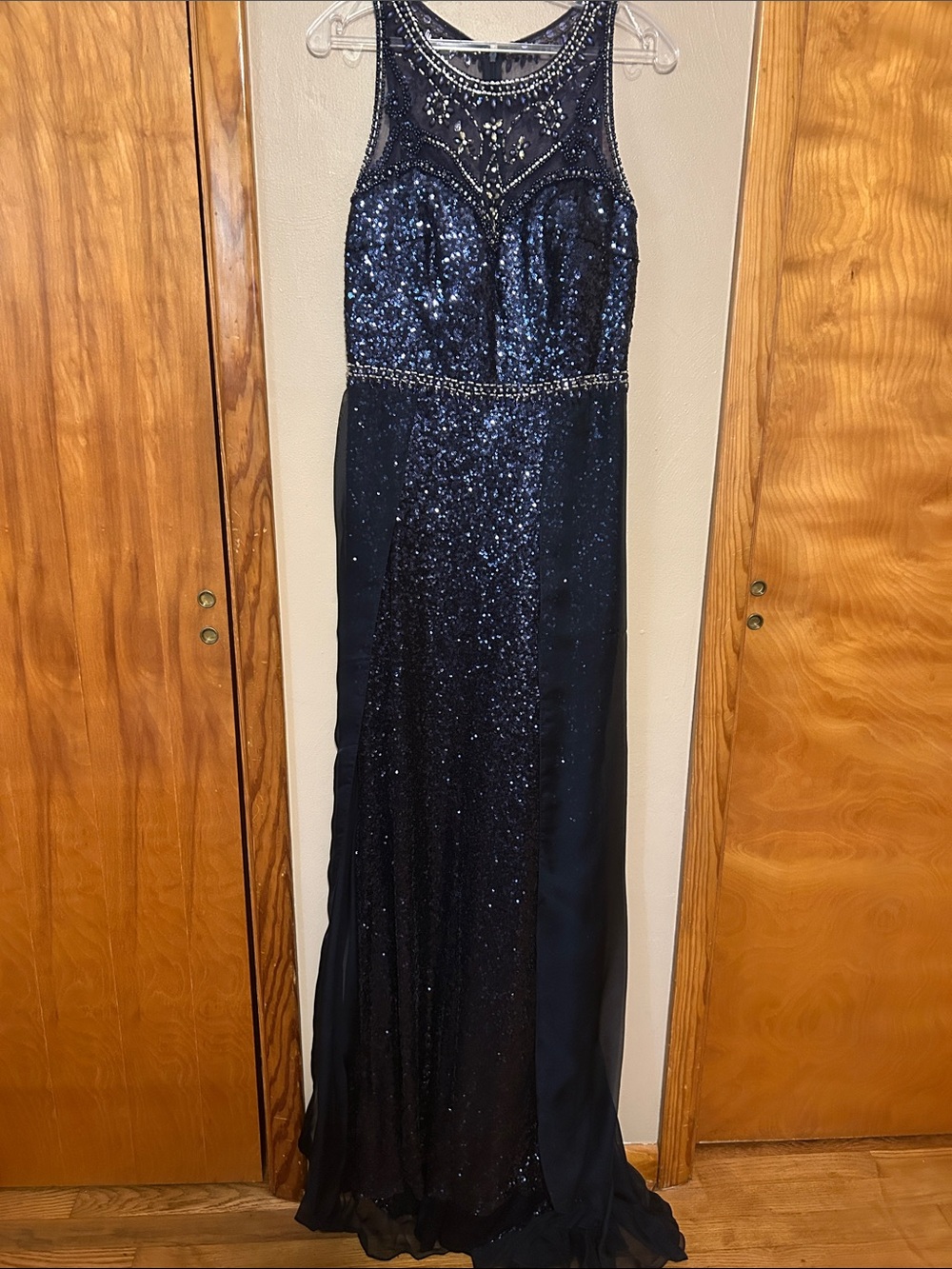 Navy Sequin Illusion Neck Prom Dress